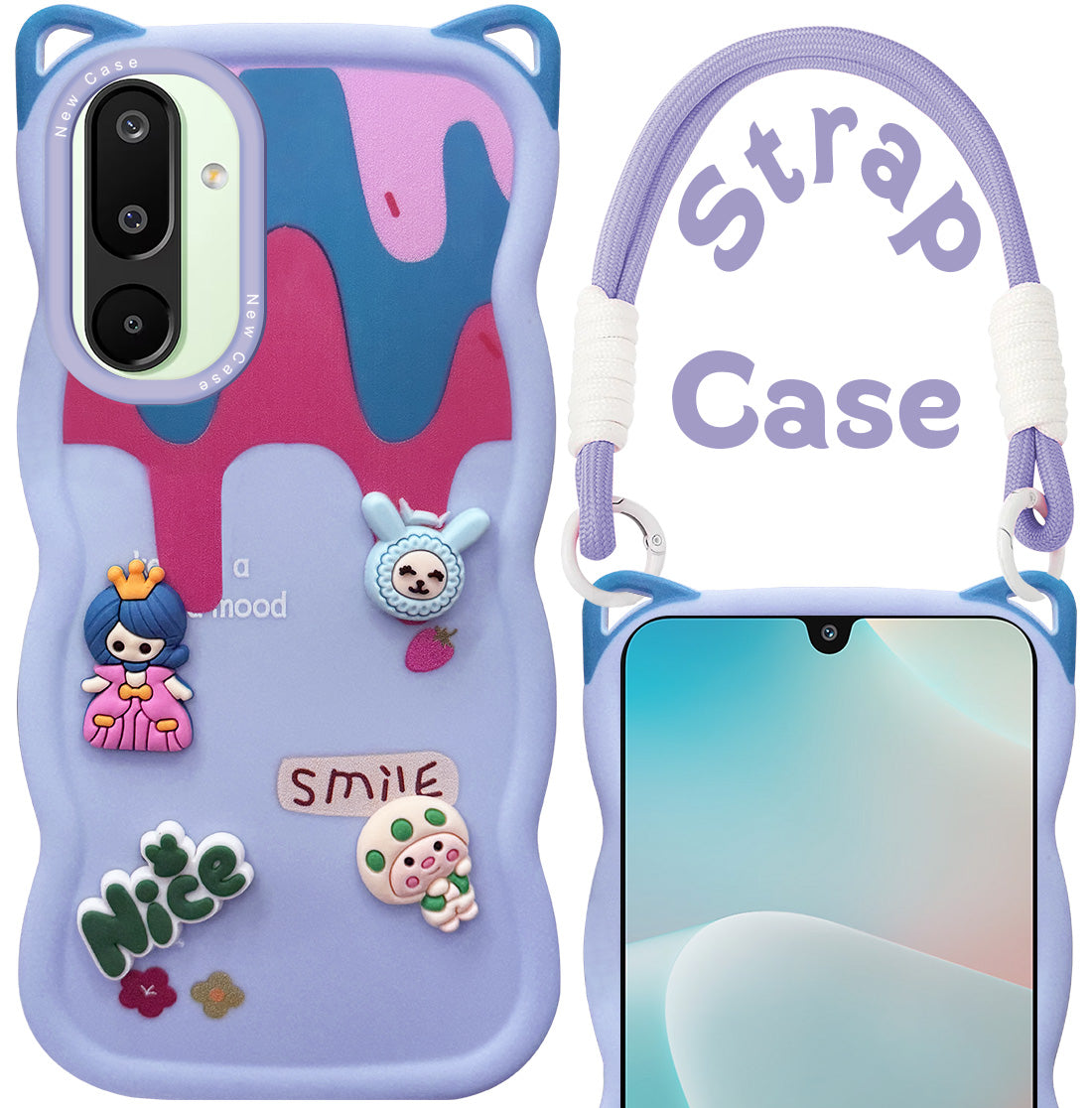 For Samsung Galaxy M16 5G | Samsung Galaxy F16 5G Back Case Cover Strap (3D embossed Figures | Strap Holder | 360* Soft Cushion with Camera Bump)