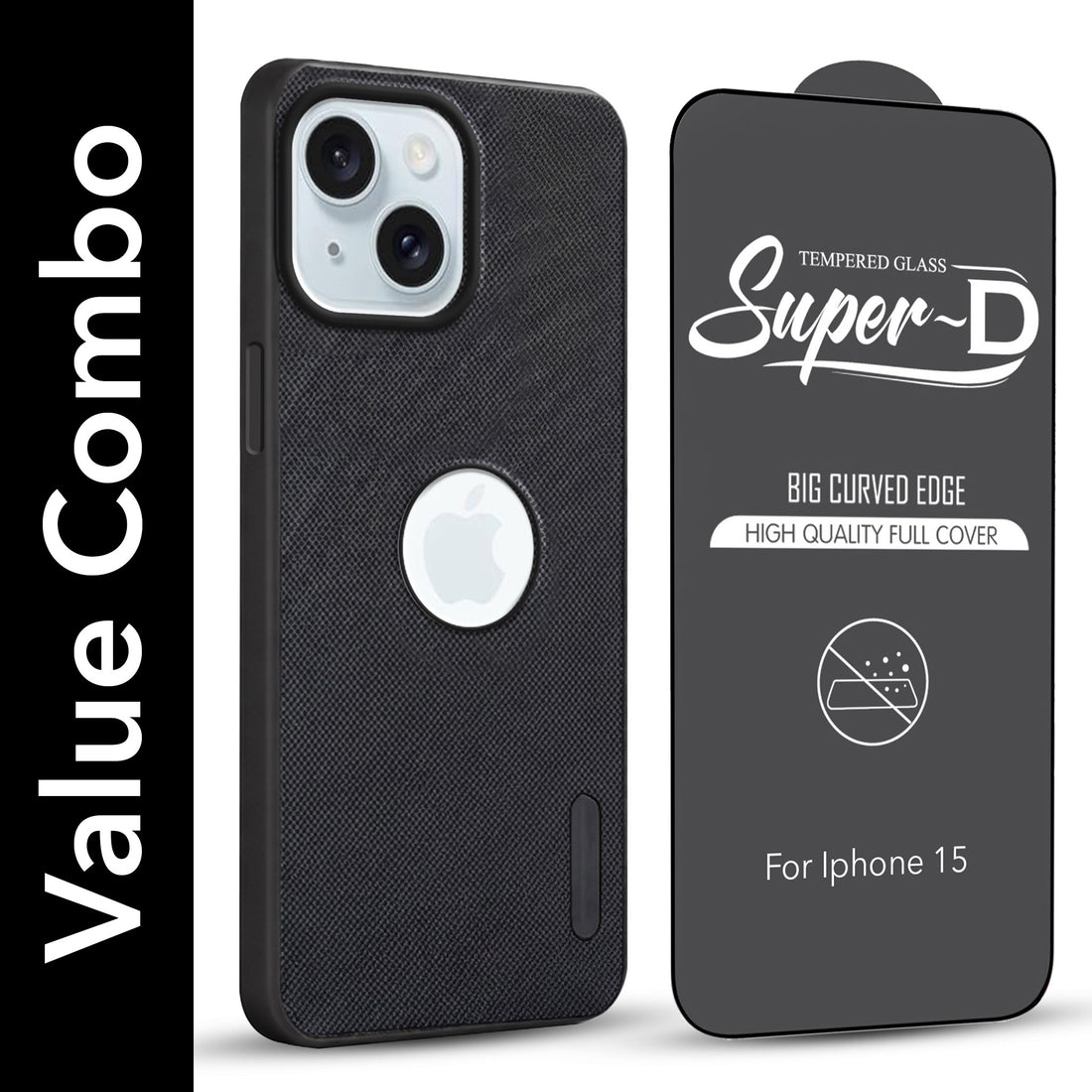 For Apple iPhone 15 Combo (Textured Grip Design | Micro-Fiber Cloth Inside | Oleophobic Coating Screen Glass)