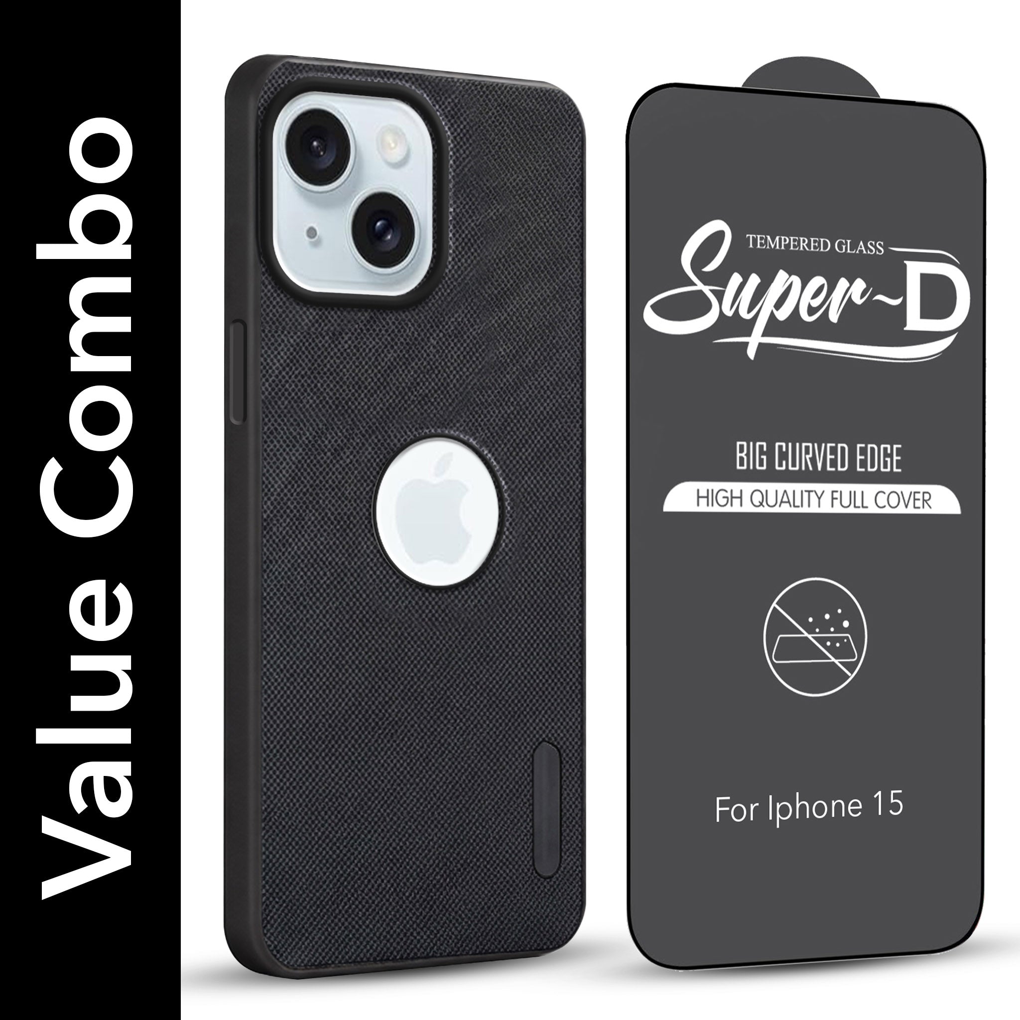 For Apple iPhone 15 Combo (Textured Grip Design | Micro-Fiber Cloth Inside | Oleophobic Coating Screen Glass)