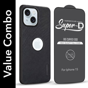 For Apple iPhone 15 Combo (Textured Grip Design | Micro-Fiber Cloth Inside | Oleophobic Coating Screen Glass)