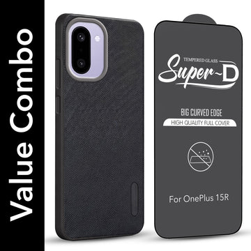 For OnePlus 15R Combo with Back Cover and 9H Tempered Glass (Textured Grip Design | Micro-Fiber Cloth Inside | Oleophobic Coating Screen Glass)