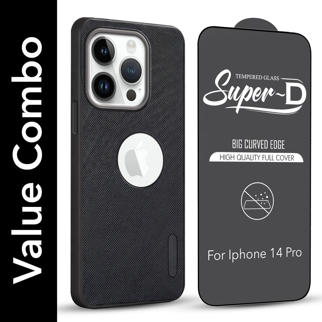 For Apple iPhone 14 Pro Combo with Back Cover and 9H Tempered Glass (Textured Grip Design | Micro-Fiber Cloth Inside | Oleophobic Coating Screen Glass)