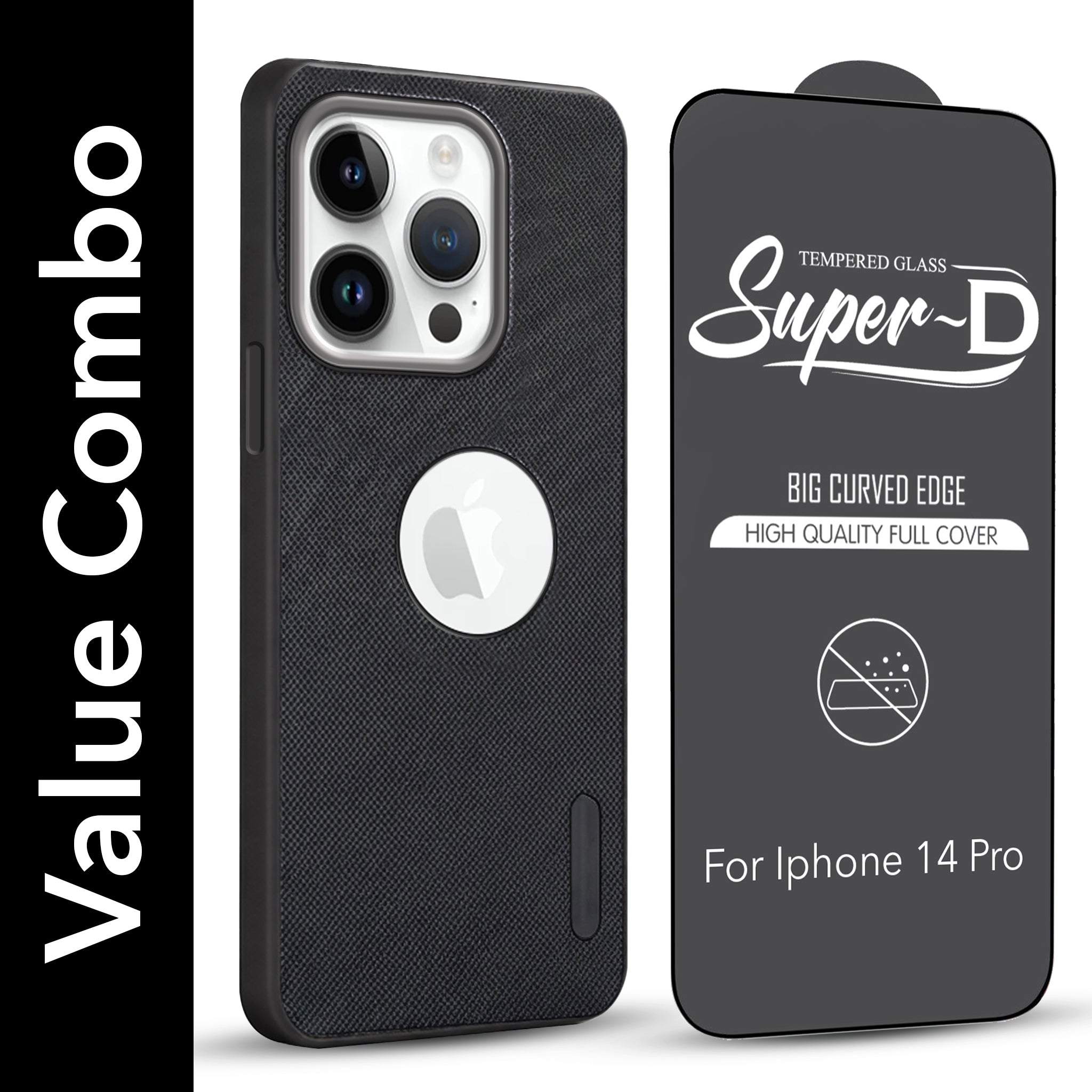 For Apple iPhone 14 Pro Combo with Back Cover and 9H Tempered Glass (Textured Grip Design | Micro-Fiber Cloth Inside | Oleophobic Coating Screen Glass)