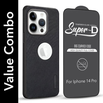 For Apple iPhone 14 Pro Combo with Back Cover and 9H Tempered Glass (Textured Grip Design | Micro-Fiber Cloth Inside | Oleophobic Coating Screen Glass)
