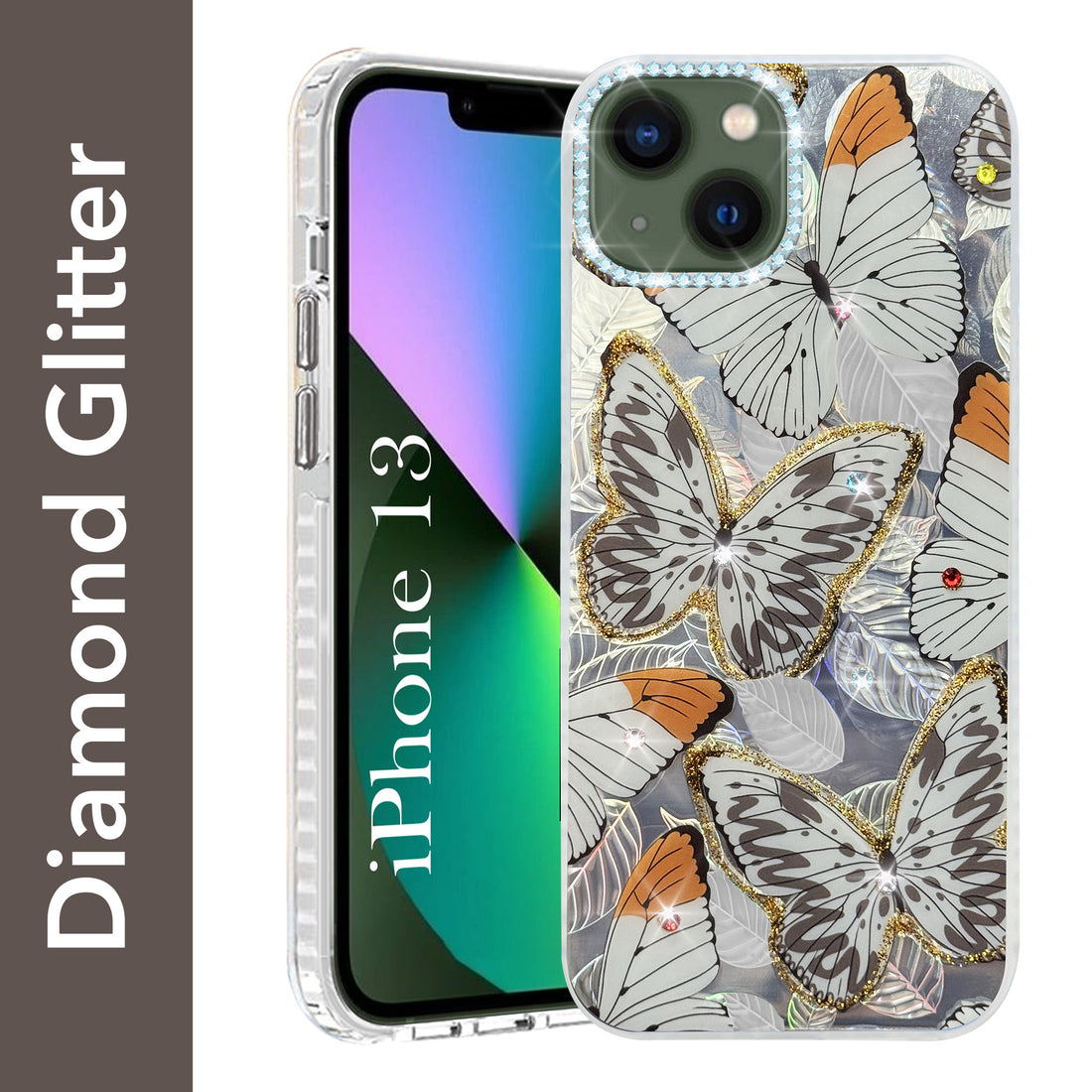 For Apple iPhone 13 Back Cover Case (Luxury Floral Glitter Cute Butterfly | Diamond Studded Camera Bump | Girls & Women Design)