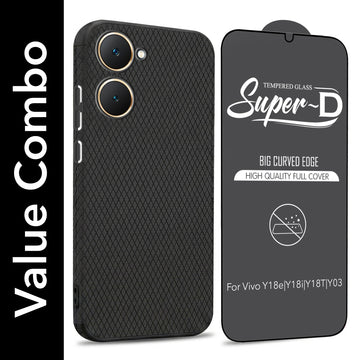 For Vivo Y18 | Y18e | Y0318 | Y18i | Yt Combo with Back Cover and 9H Tempered Glass (Liquid Silicone | Camera Protection | Oleophobic Coating Screen Glass)
