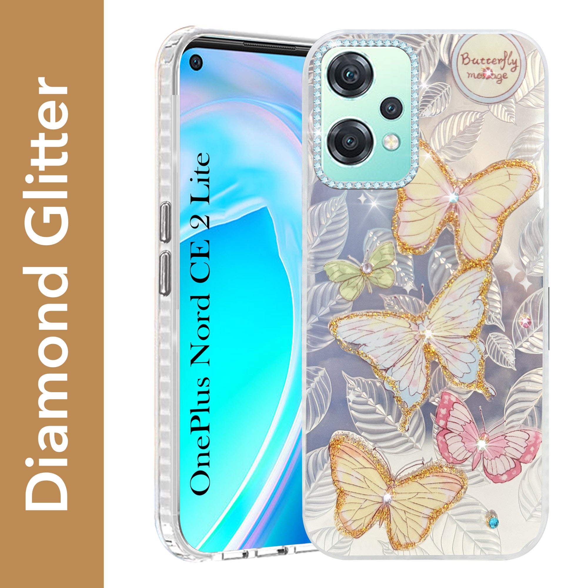 For OnePlus Nord CE 2 Lite Back Cover Case (Luxury Floral Glitter Cute Butterfly | Diamond Studded Camera Bump | Girls & Women Design)