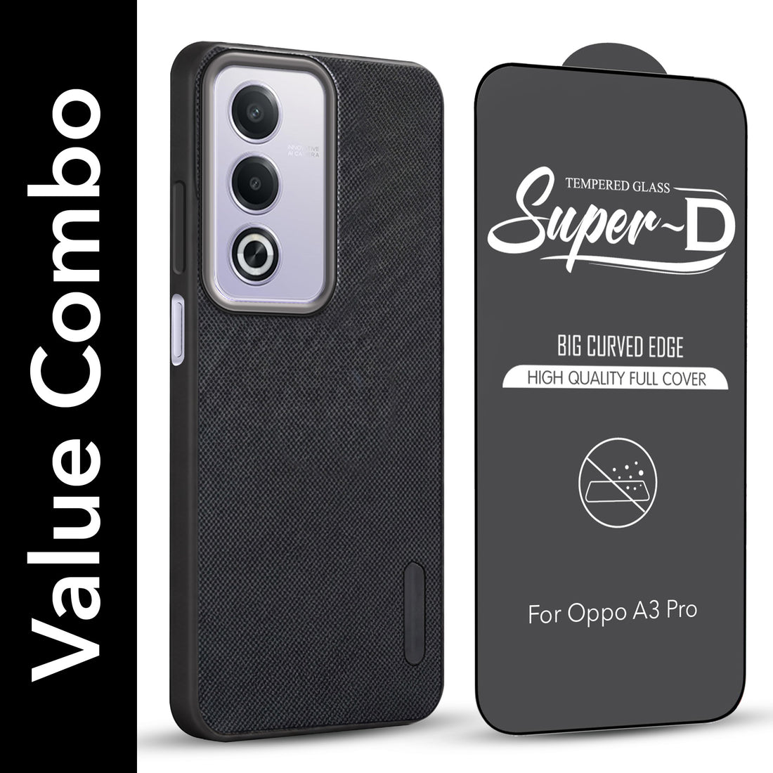 For Oppo A3 Pro 5G Combo with Back Cover and 9H Tempered Glass (Textured Grip Design | Micro-Fiber Cloth Inside | Oleophobic Coating Screen Glass)