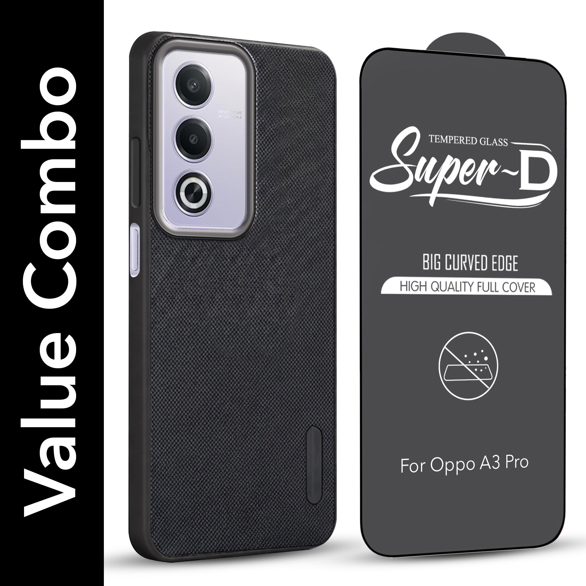 For Oppo A3 Pro 5G Combo with Back Cover and 9H Tempered Glass (Textured Grip Design | Micro-Fiber Cloth Inside | Oleophobic Coating Screen Glass)