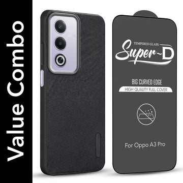 For Oppo A3 Pro 5G Combo with Back Cover and 9H Tempered Glass (Textured Grip Design | Micro-Fiber Cloth Inside | Oleophobic Coating Screen Glass)