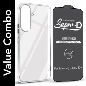 For Samsung Galaxy S26 Combo with Back Cover and 9H Tempered Glass (Lifetime Anti-Yellow | Sleek Hard Crystal | Oleophobic Coating Screen Glass)
