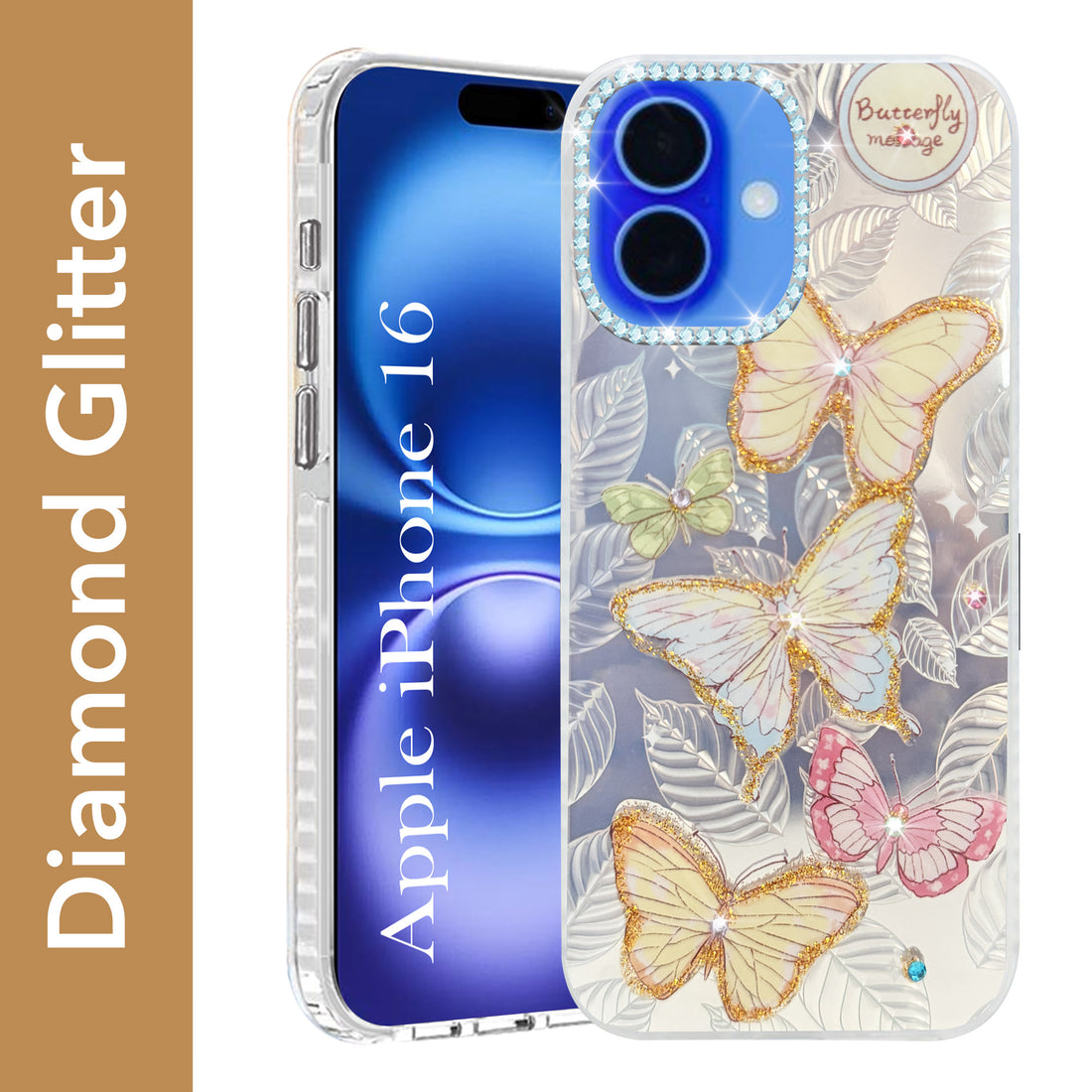 For Apple iPhone 16 Back Cover Case (Luxury Floral Glitter Cute Butterfly | Diamond Studded Camera Bump | Girls & Women Design)