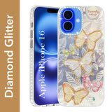 For Apple iPhone 16 Back Cover Case (Luxury Floral Glitter Cute Butterfly | Diamond Studded Camera Bump | Girls & Women Design)