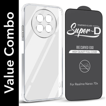For Realme Narzo 70x 5G Combo with Back Cover and 9H Tempered Glass (Lifetime Anti-Yellow | Sleek Hard Crystal | Oleophobic Coating Screen Glass)
