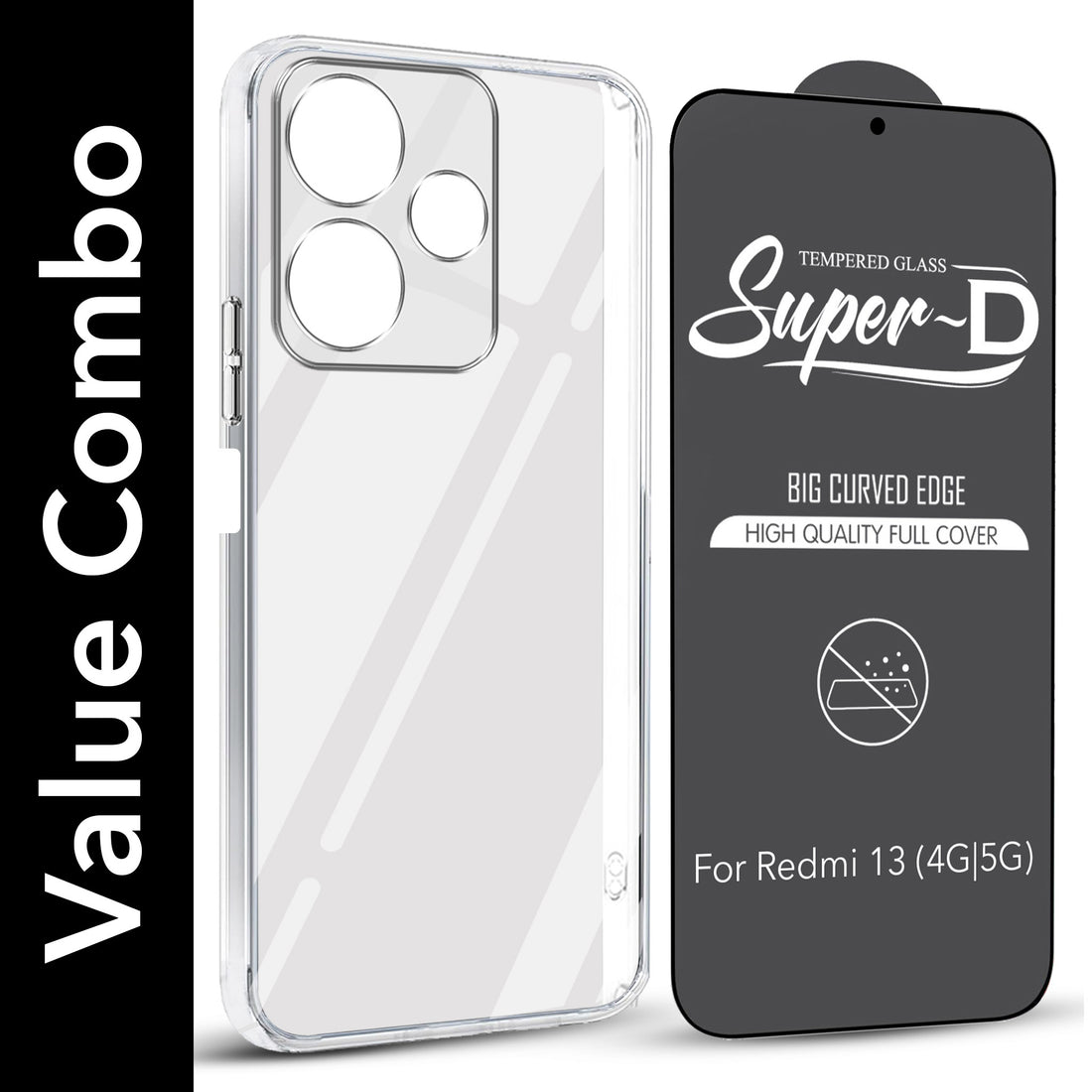 For Xiaomi Mi Redmi 13 4G | 5G Combo with Back Cover and 9H Tempered Glass (Lifetime Anti-Yellow | Sleek Hard Crystal | Oleophobic Coating Screen Glass)