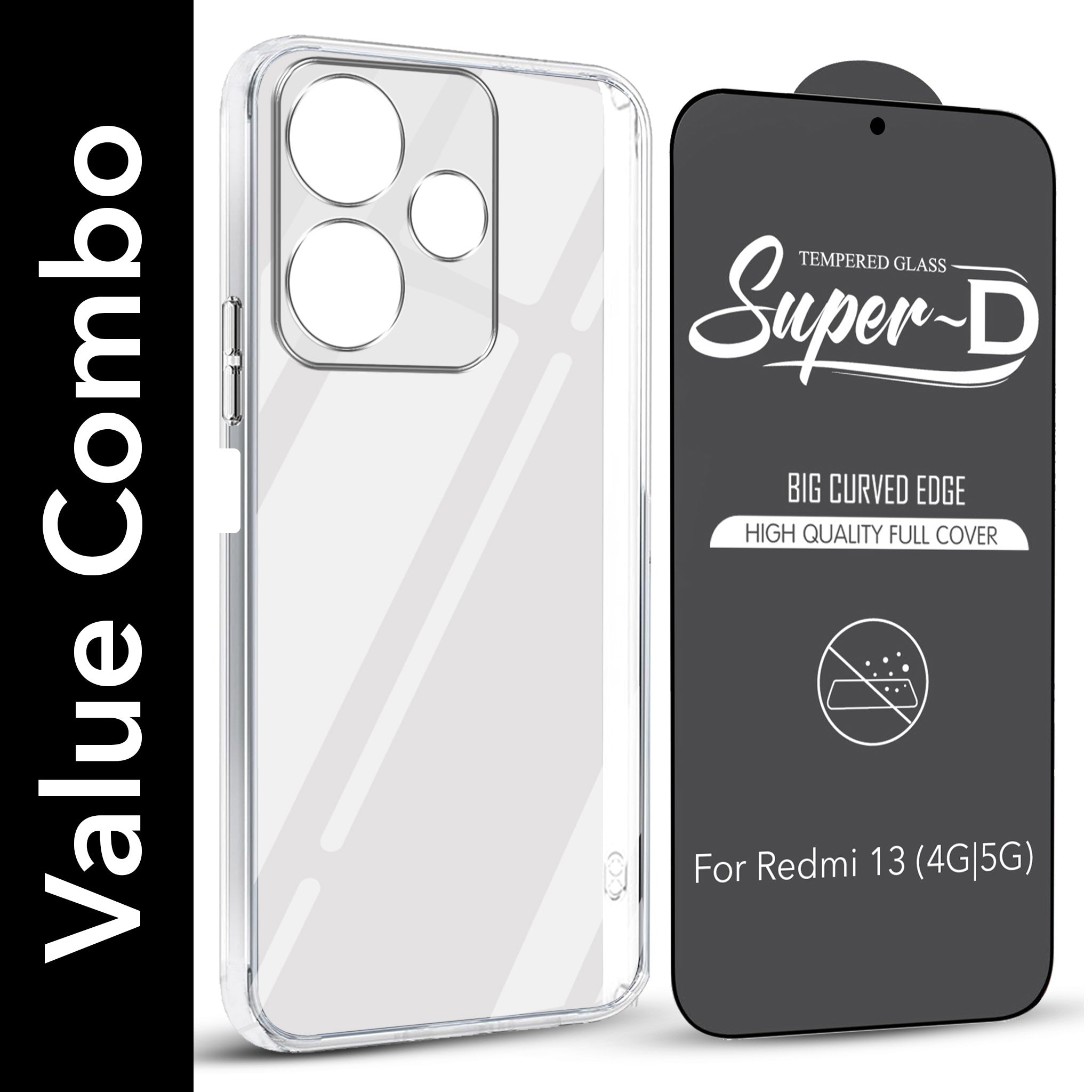 For Xiaomi Mi Redmi 13 4G | 5G Combo with Back Cover and 9H Tempered Glass (Lifetime Anti-Yellow | Sleek Hard Crystal | Oleophobic Coating Screen Glass)