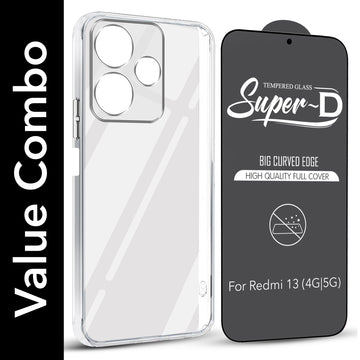 For Xiaomi Mi Redmi 13 4G | 5G Combo with Back Cover and 9H Tempered Glass (Lifetime Anti-Yellow | Sleek Hard Crystal | Oleophobic Coating Screen Glass)