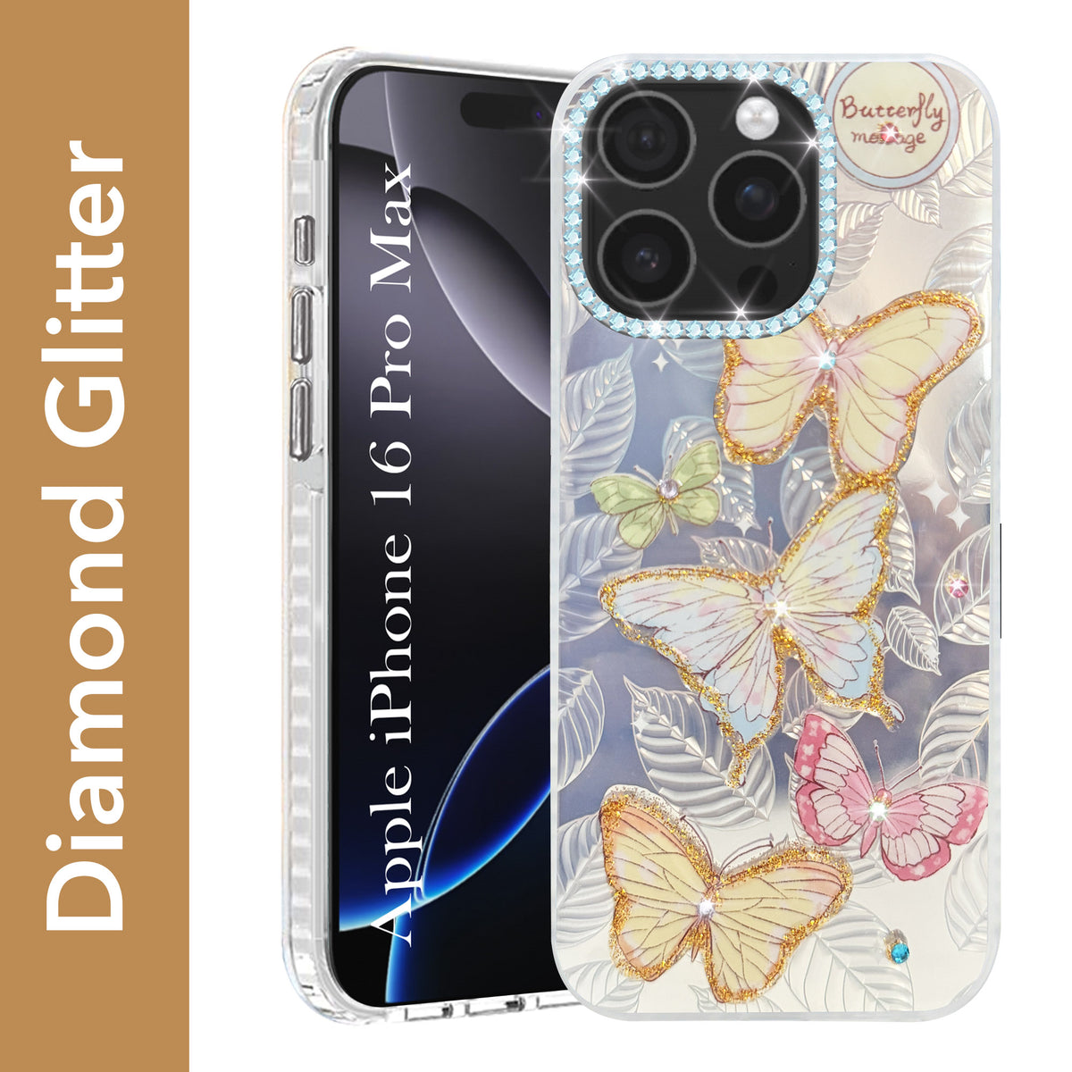 For iPhone 16 Pro Max Back Cover Case (Luxury Floral Glitter Cute Butterfly | Diamond Studded Camera Bump | Girls & Women Design)