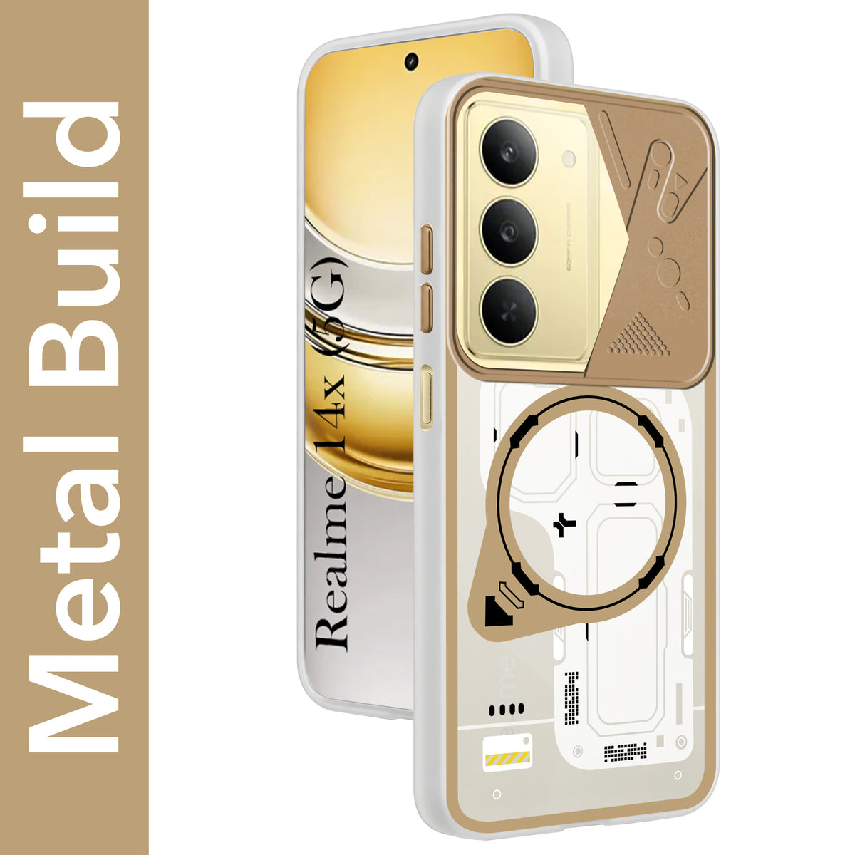 For Realme 14X Metallic Back Cover Case (Metallic Camera Protection & Buttons | Translucent Milky Shade | Hard Polycarbonate)