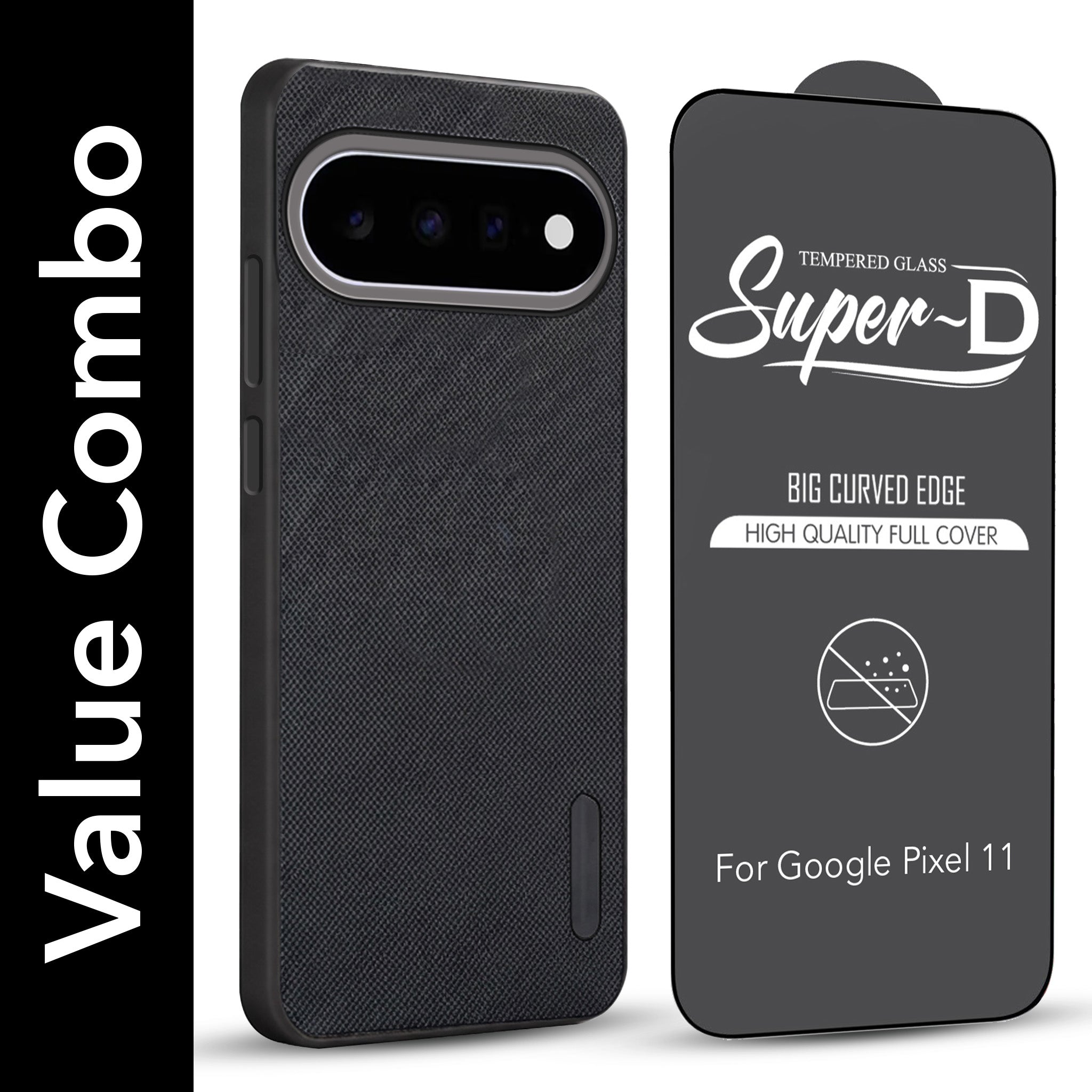 For Google Pixel 11 Combo with Back Cover and 9H Tempered Glass (Textured Grip Design | Micro-Fiber Cloth Inside | Oleophobic Coating Screen Glass)