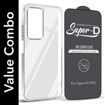 For Oppo A5 5G Combo with Back Cover and 9H Tempered Glass (Lifetime Anti-Yellow | Sleek Hard Crystal | Oleophobic Coating Screen Glass)
