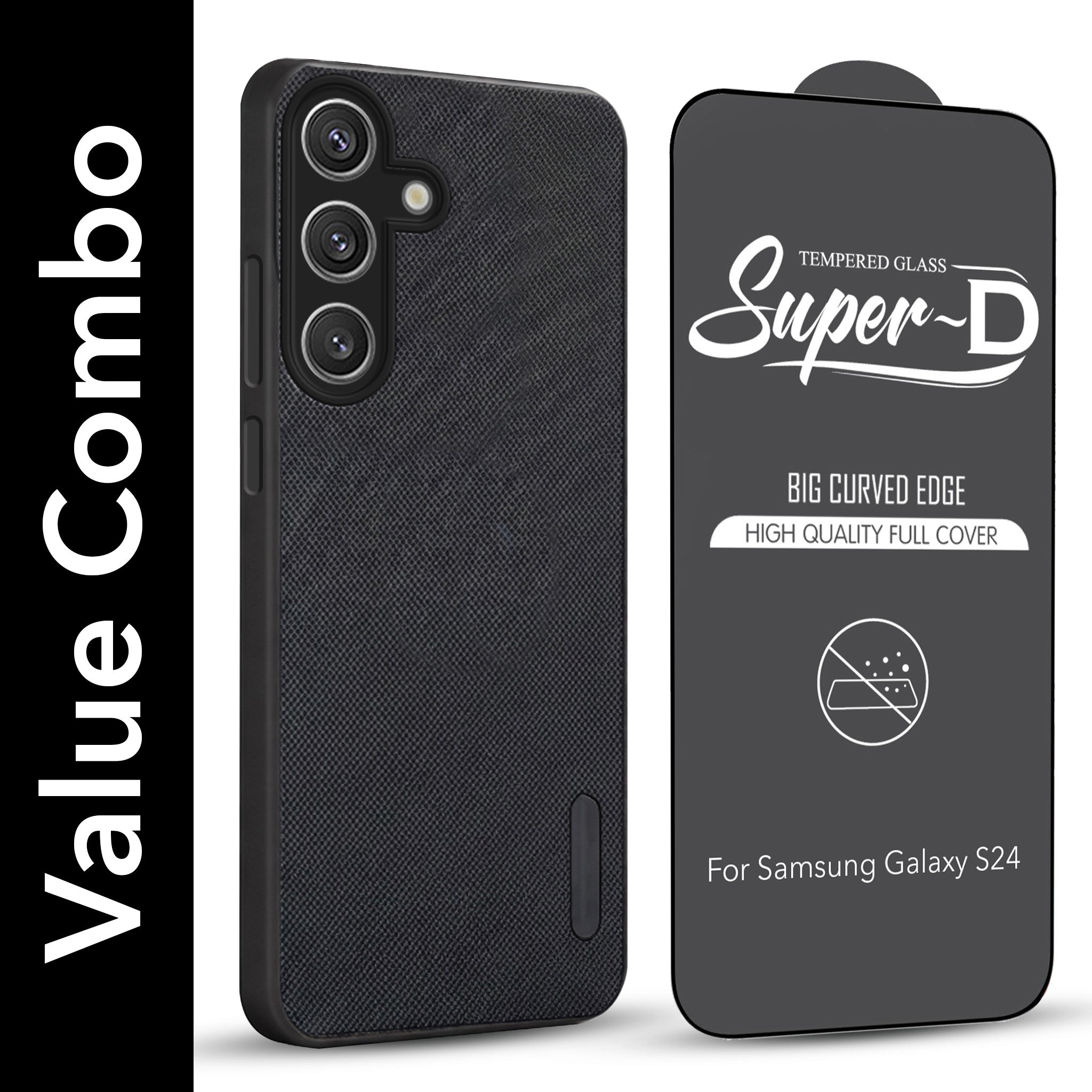 For Samsung Galaxy S24 Combo with Back Cover and 9H Tempered Glass (Textured Grip Design | Micro-Fiber Cloth Inside | Oleophobic Coating Screen Glass)