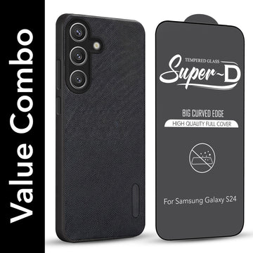 For Samsung Galaxy S24 Combo with Back Cover and 9H Tempered Glass (Textured Grip Design | Micro-Fiber Cloth Inside | Oleophobic Coating Screen Glass)