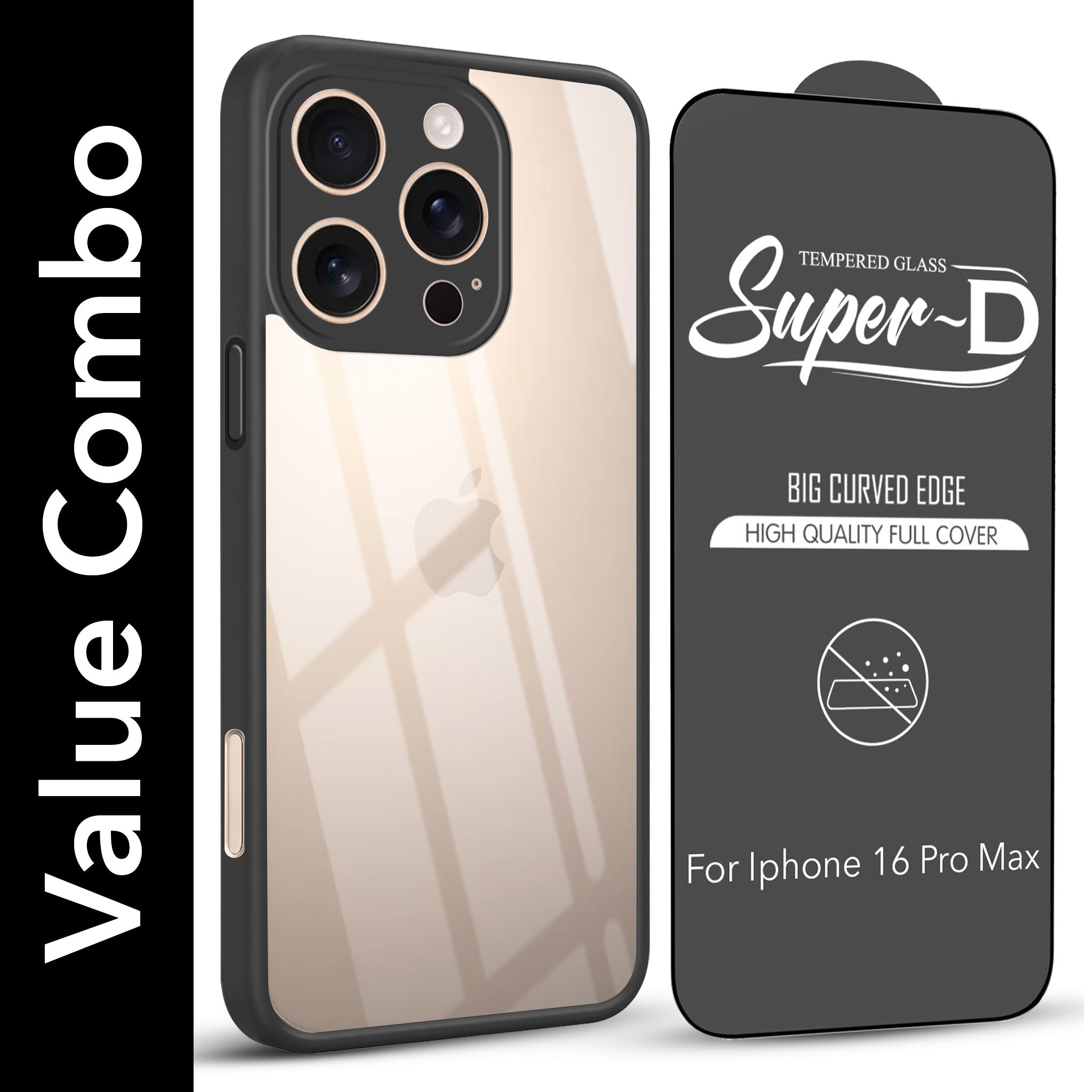 For Apple iPhone 16 Pro Max Combo with Back Cover and 9H Tempered Glass (Lifetime Anti-Yellow | Crystal Clear Shockproof | Oleophobic Coating Screen Glass)