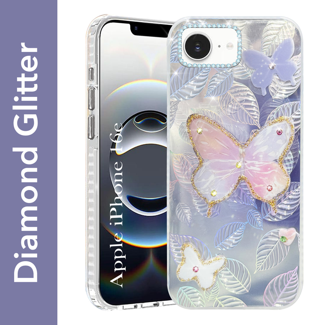 For iPhone 16e | iPhone 17e Back Cover Case (Luxury Floral Glitter Cute Butterfly | Diamond Studded Camera Bump | Girls & Women Design)
