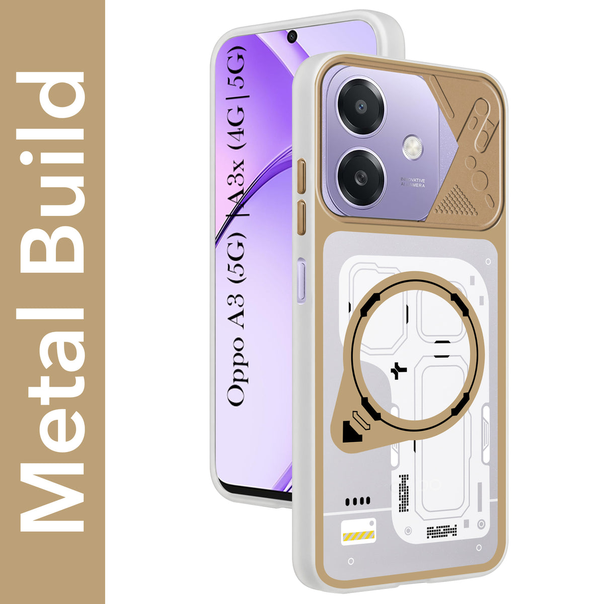 For Oppo A3X (4G/5G) | Oppo A3 5G Metallic Back Cover Case (Metallic Camera Protection & Buttons | Translucent Milky Shade | Hard Polycarbonate)
