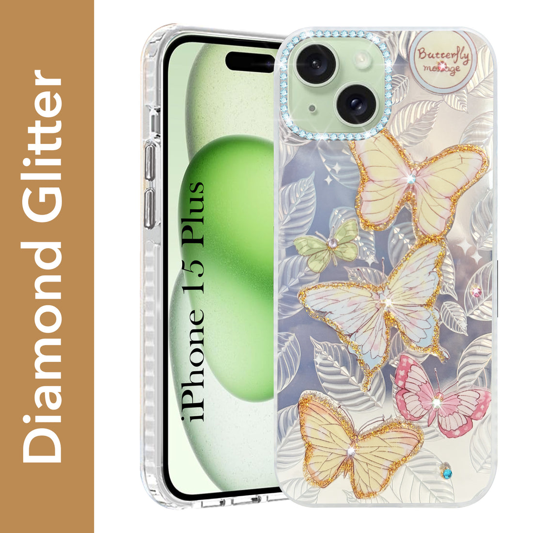For Apple iPhone 15 Plus Back Cover Case (Luxury Floral Glitter Cute Butterfly | Diamond Studded Camera Bump | Girls & Women Design)
