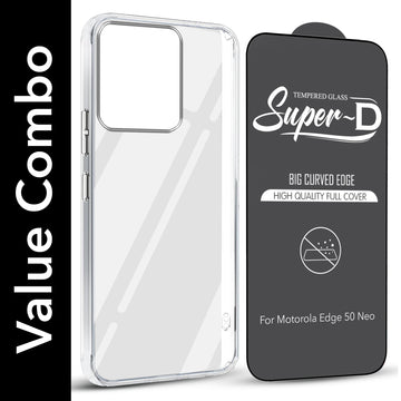 For Motorola Moto Edge 50 Neo Combo with Back Cover and 9H Tempered Glass (Lifetime Anti-Yellow | Sleek Hard Crystal | Oleophobic Coating Screen Glass)