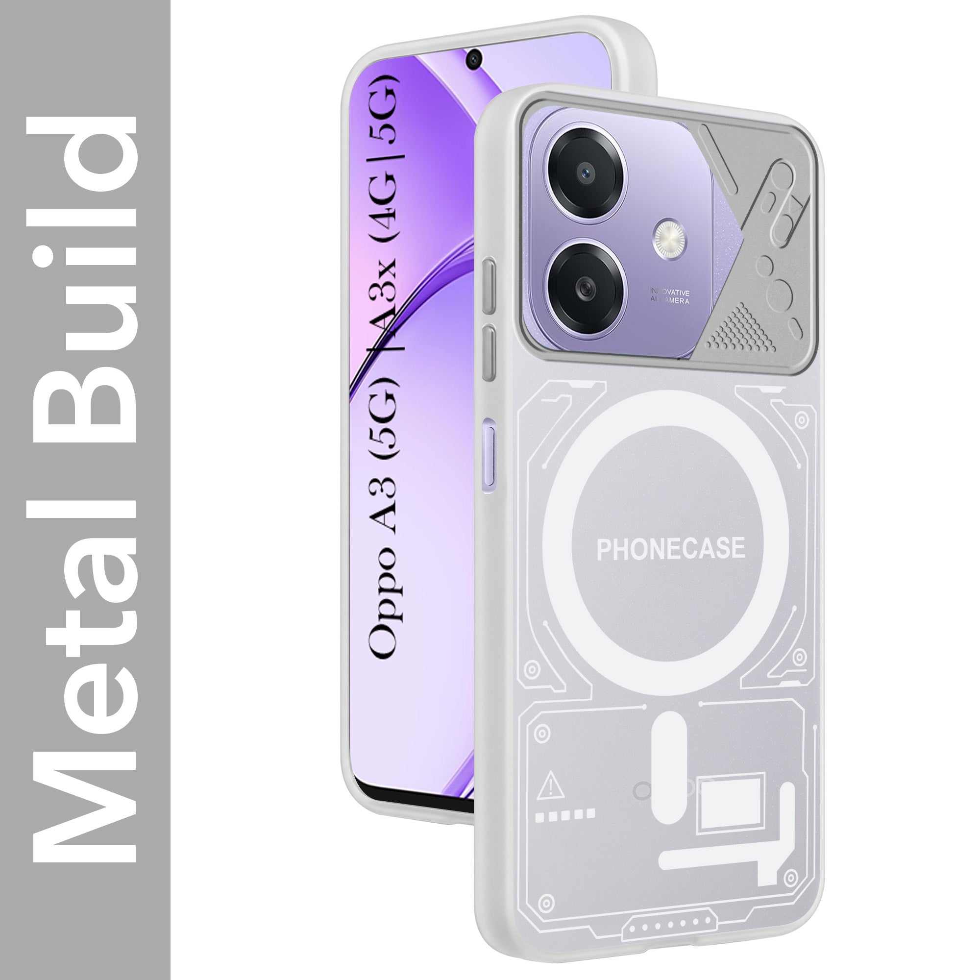 For Oppo A3X (4G/5G) | Oppo A3 5G Metallic Back Cover Case (Metallic Camera Protection & Buttons | Translucent Milky Shade | Hard Polycarbonate)