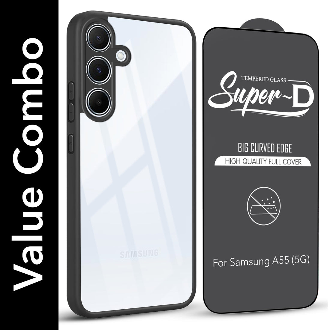 For Samsung Galaxy A55 5G Combo with Back Cover and 9H Tempered Glass (Lifetime Anti-Yellow | Crystal Clear Shockproof | Oleophobic Coating Screen Glass)