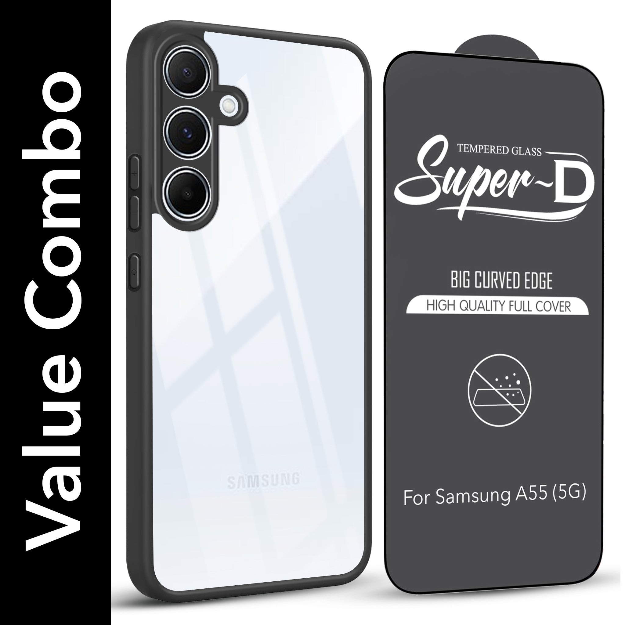 For Samsung Galaxy A55 5G Combo with Back Cover and 9H Tempered Glass (Lifetime Anti-Yellow | Crystal Clear Shockproof | Oleophobic Coating Screen Glass)