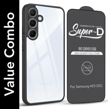 For Samsung Galaxy A55 5G Combo with Back Cover and 9H Tempered Glass (Lifetime Anti-Yellow | Crystal Clear Shockproof | Oleophobic Coating Screen Glass)