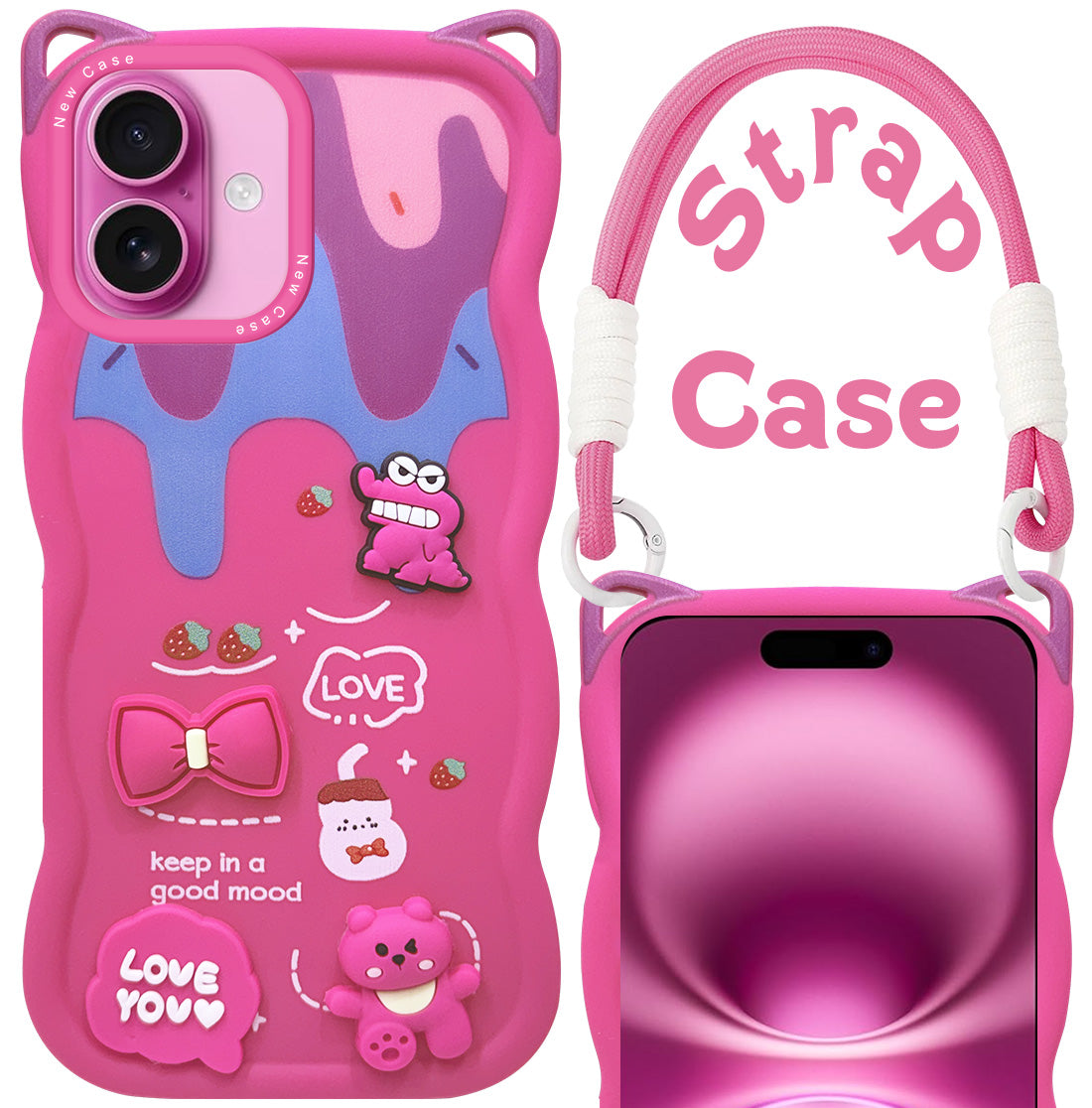 For Apple iPhone 16 Plus Back Case Cover Strap (3D Embossed Figures | Strap Holder | 360* Soft Cushion with Camera Bump)