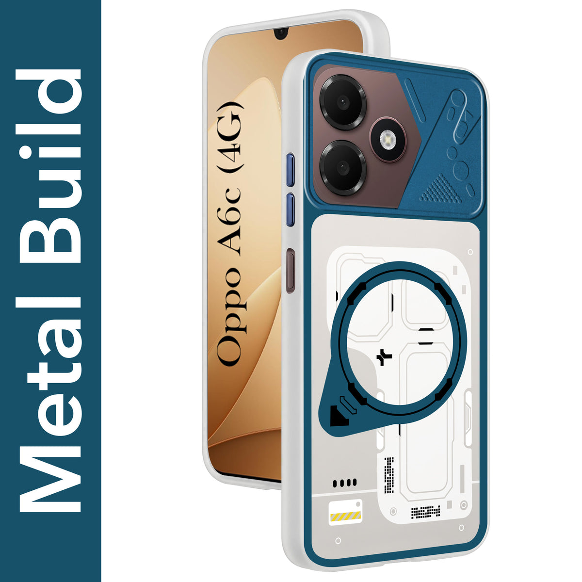 For Oppo A6c 4G Metallic Back Cover Case (Metallic Camera Protection & Buttons | Translucent Milky Shade | Hard Polycarbonate)