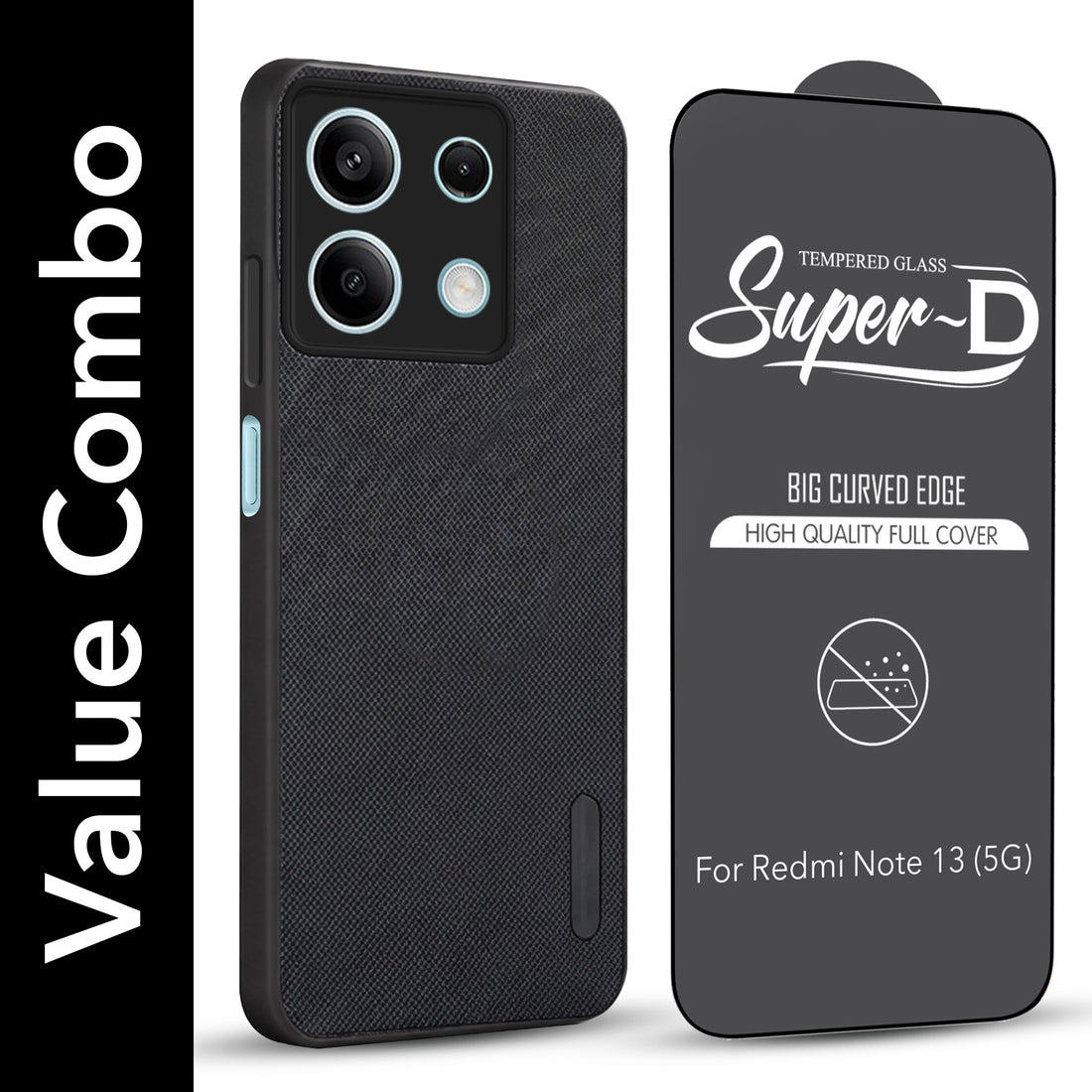 For Xiaomi Redmi Note 13 5G Combo with Back Cover and 9H Tempered Glass (Textured Grip Design | Micro-Fiber Cloth Inside | Oleophobic Coating Screen Glass)