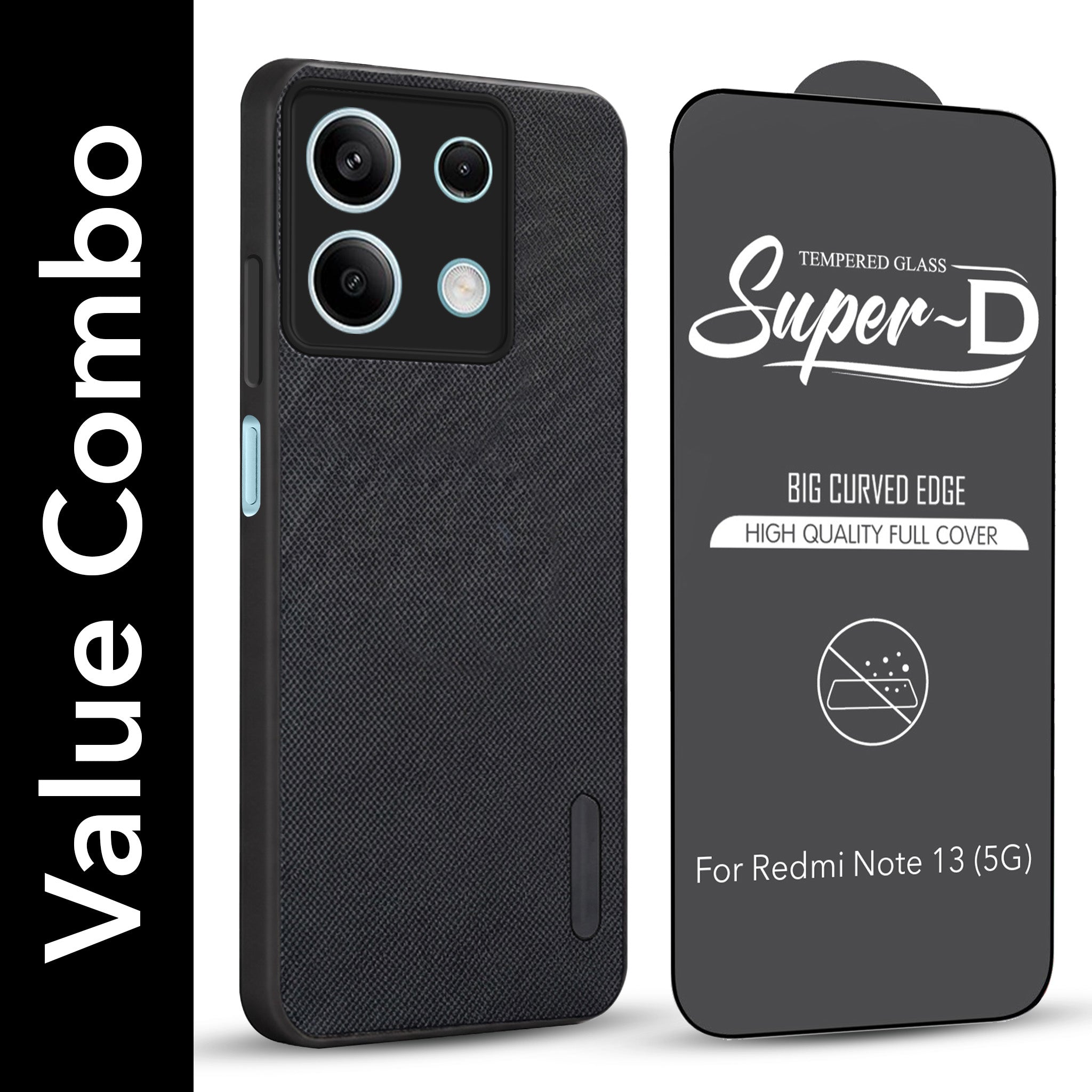 For Xiaomi Redmi Note 13 5G Combo with Back Cover and 9H Tempered Glass (Textured Grip Design | Micro-Fiber Cloth Inside | Oleophobic Coating Screen Glass)