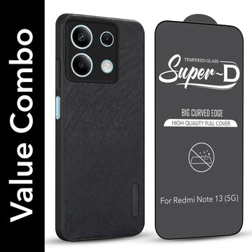 For Xiaomi Redmi Note 13 5G Combo with Back Cover and 9H Tempered Glass (Textured Grip Design | Micro-Fiber Cloth Inside | Oleophobic Coating Screen Glass)