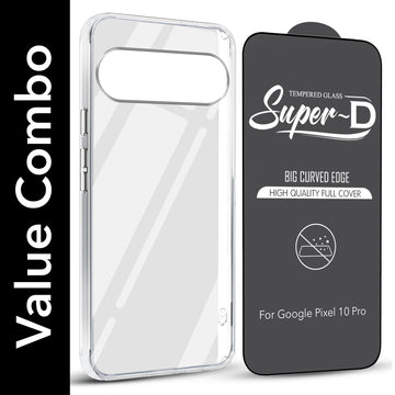 For Google Pixel 10 Pro Combo with Back Cover and 9H Tempered Glass (Lifetime Anti-Yellow | Sleek Hard Crystal | Oleophobic Coating Screen Glass)