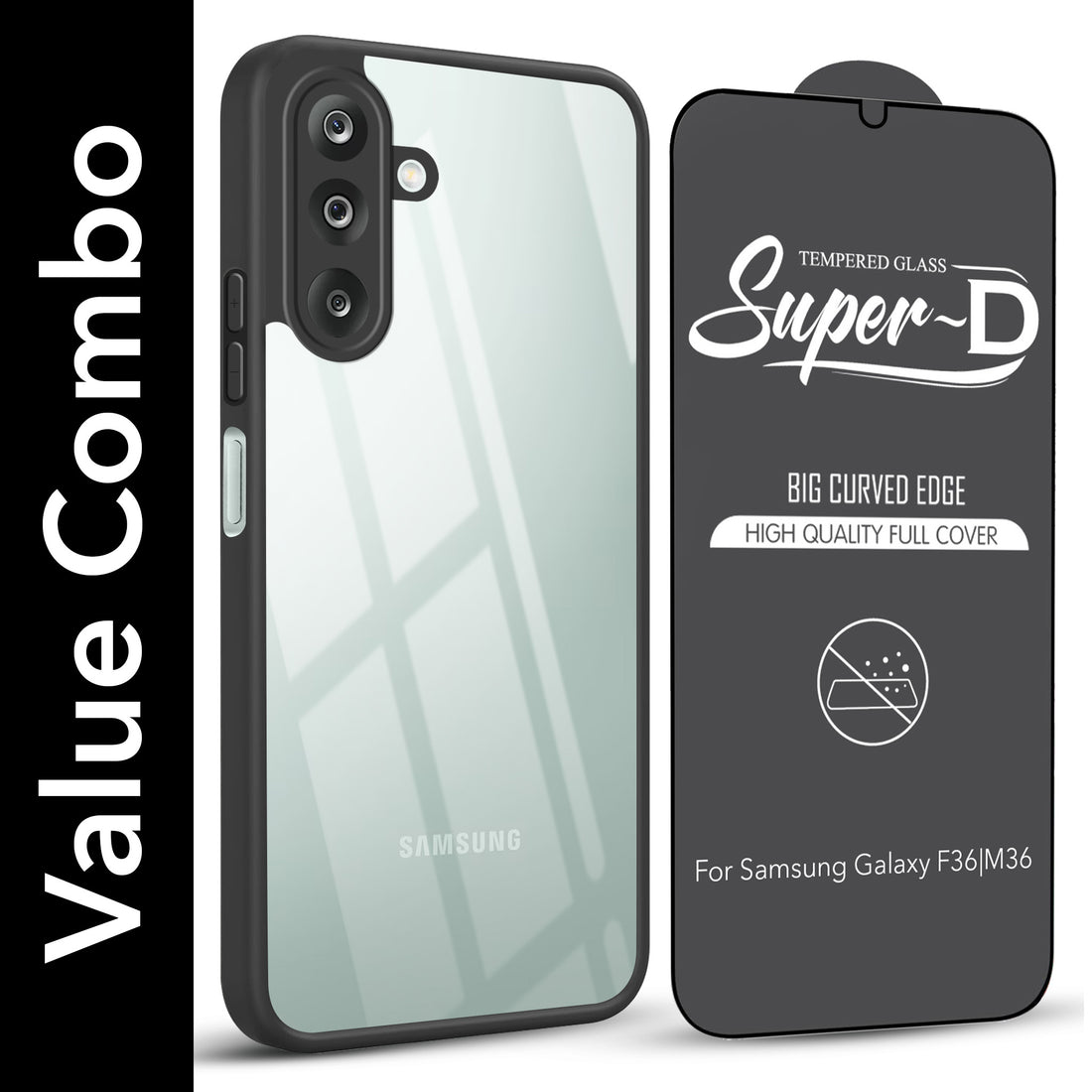 For Samsung Galaxy M36 | Samsung Galaxy F36 Combo with Back Cover and 9H Tempered Glass (Lifetime Anti-Yellow | Crystal Clear Shockproof | Oleophobic Coating Screen Glass)
