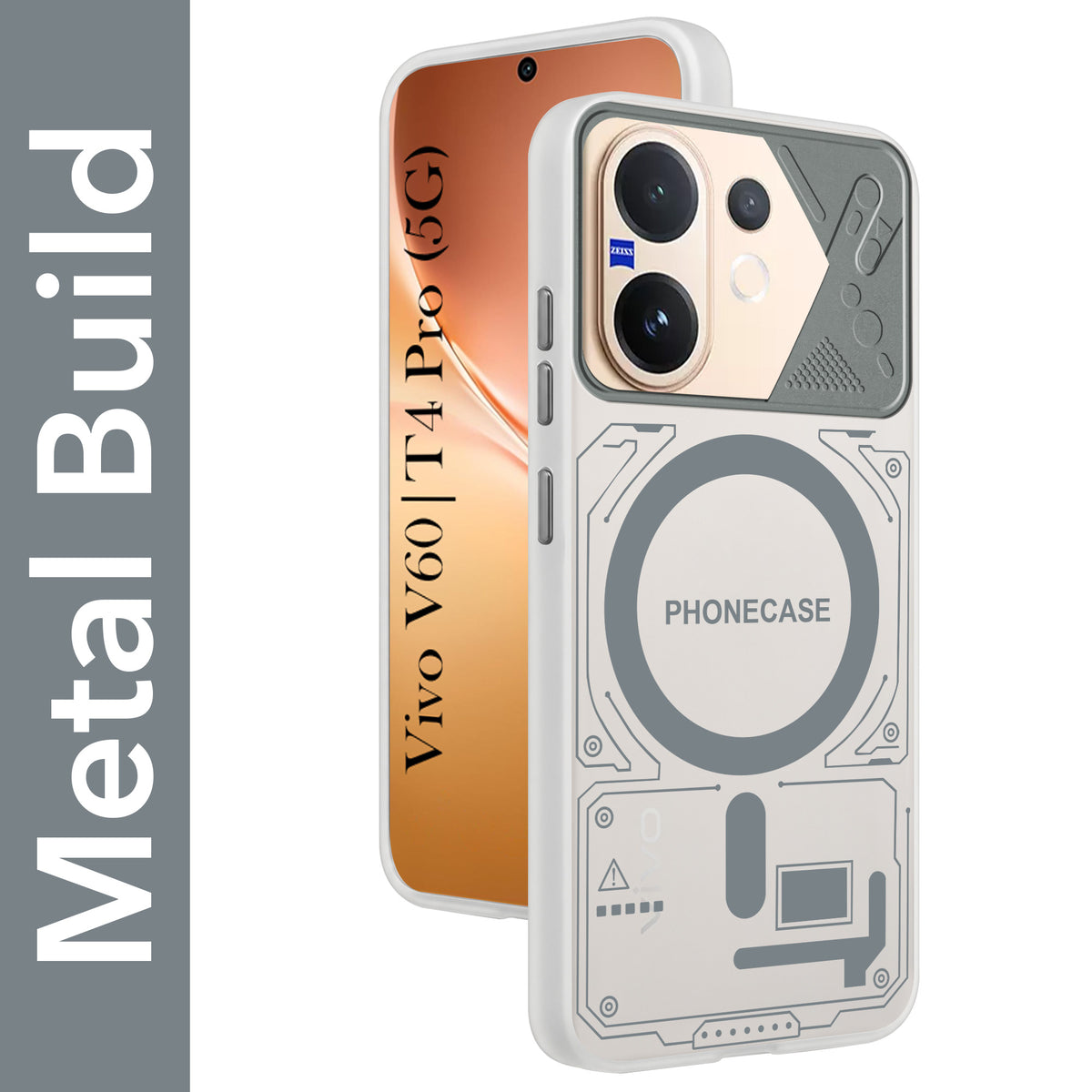 For Vivo V60 | Vivo T4 Pro Metallic Back Cover Case (Metallic Camera Protection & Buttons | Translucent Milky Shade | Hard Polycarbonate)