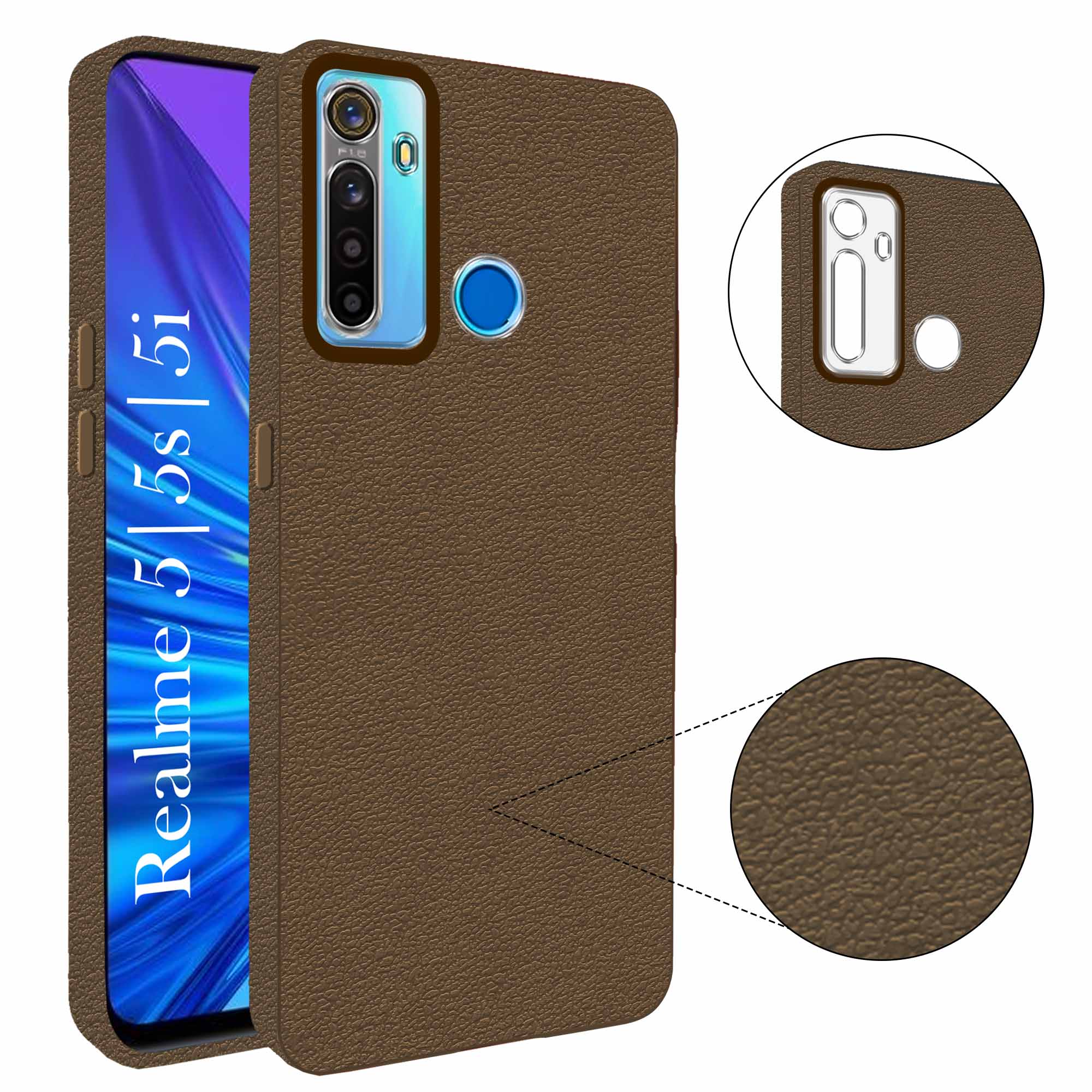 For Realme 5 | 5s | 5i Back Cover Case (Glass Like Camera Protection | Leather Feel | Minimalist Professional Grip)