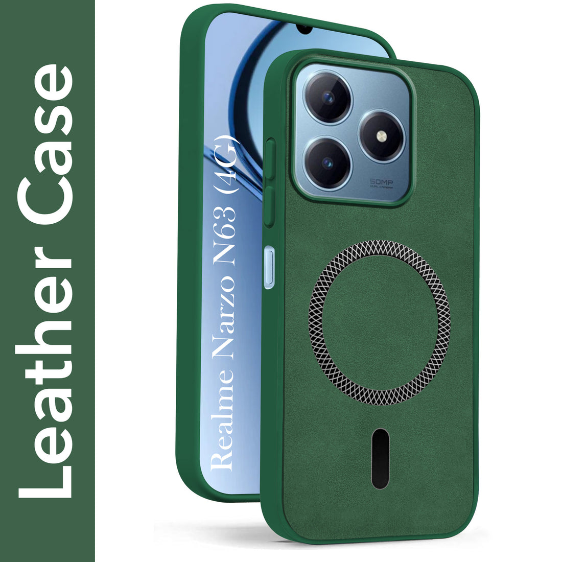 For Realme Narzo N63 Back Cover Case Leather Finish (MagSafe Compatible Wireless Charging | Soft Touch | Camera Bump Protection)