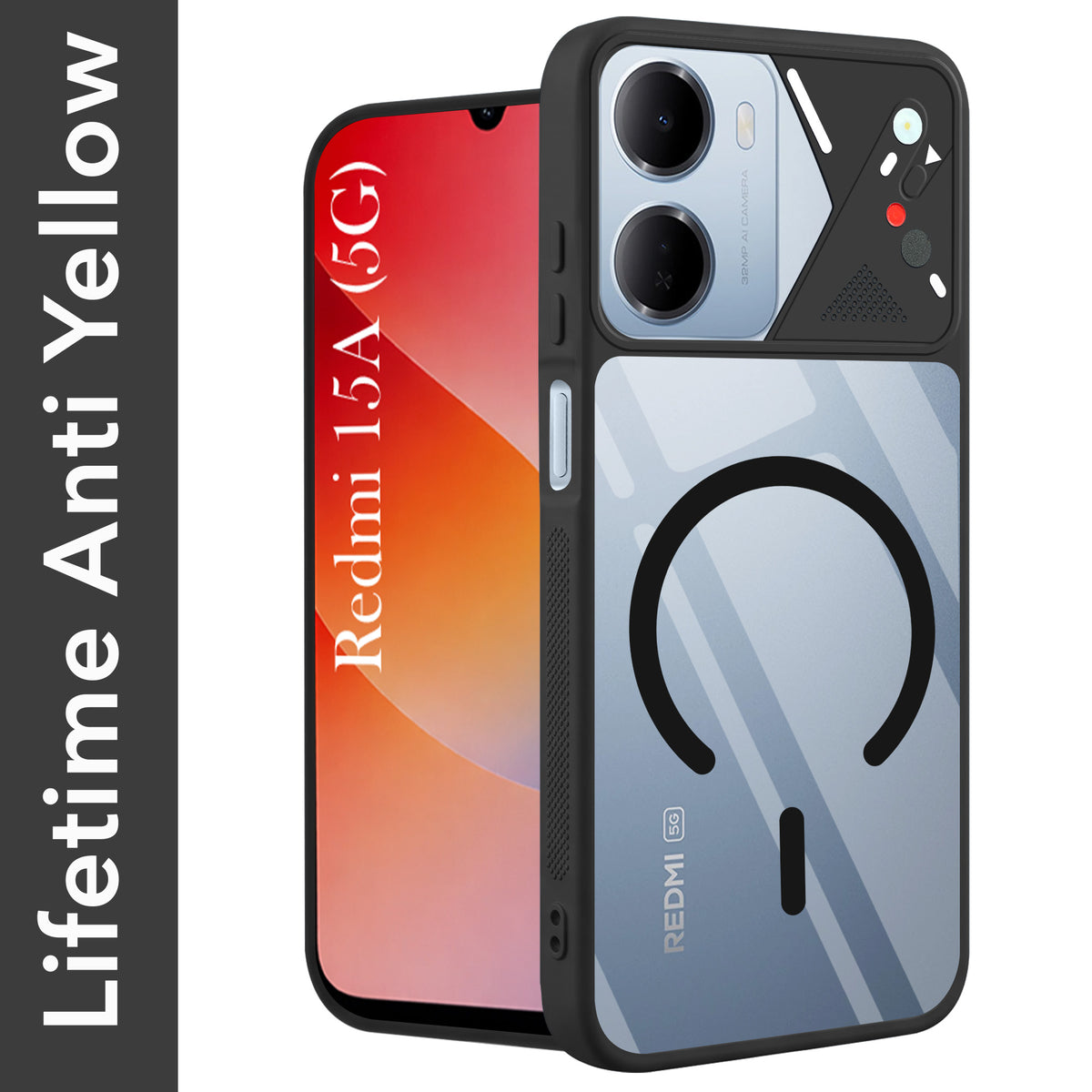 For Redmi 15A 5G Back Cover Case Lifetime Anti-Yellow Clear (Camera Protection | Side Grip | Wireless MagSafe Compatible)