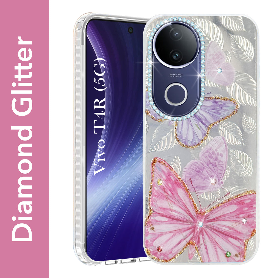 For Vivo T4R Back Cover Case (Luxury Floral Glitter Cute Butterfly | Diamond Studded Camera Bump | Girls & Women Design)