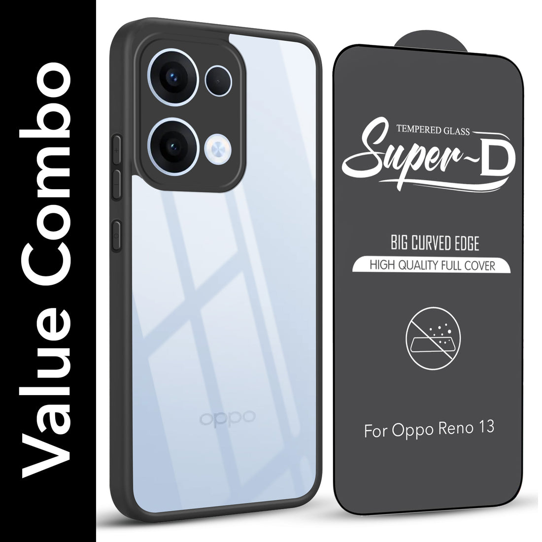 For Oppo Reno13 5G | Oppo Reno 13 5G Combo with Back Cover and 9H Tempered Glass (Lifetime Anti-Yellow | Crystal Clear Shockproof | Oleophobic Coating Screen Glass)