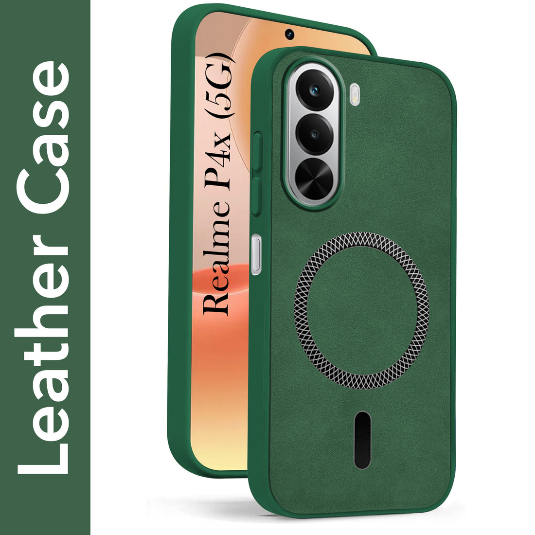 For Realme P4x Back Cover Case Leather Finish (MagSafe Compatible Wireless Charging | Soft Touch | Camera Bump Protection)